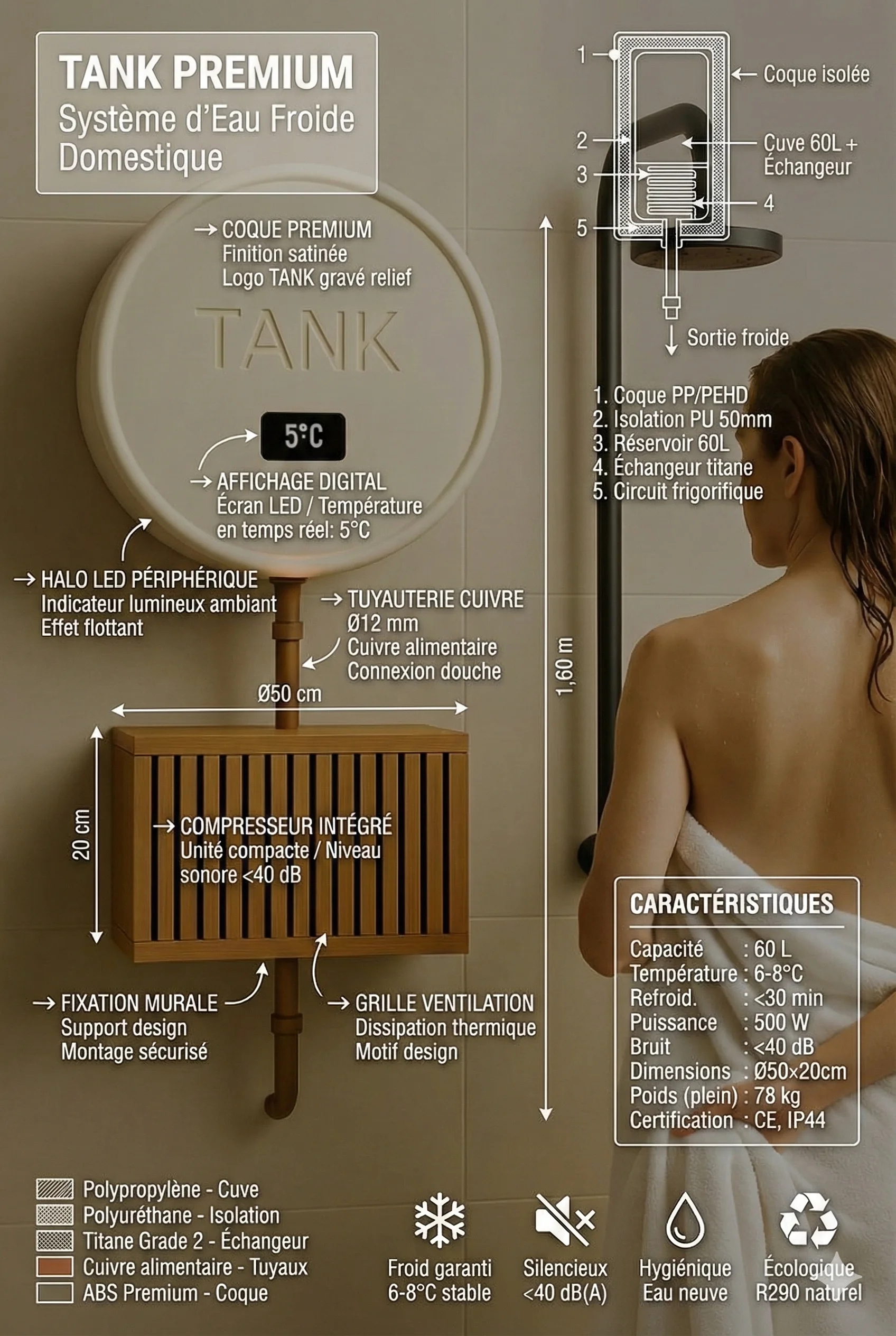 Vue détaillée du module TANK - système de refroidissement d'eau pour douche froide